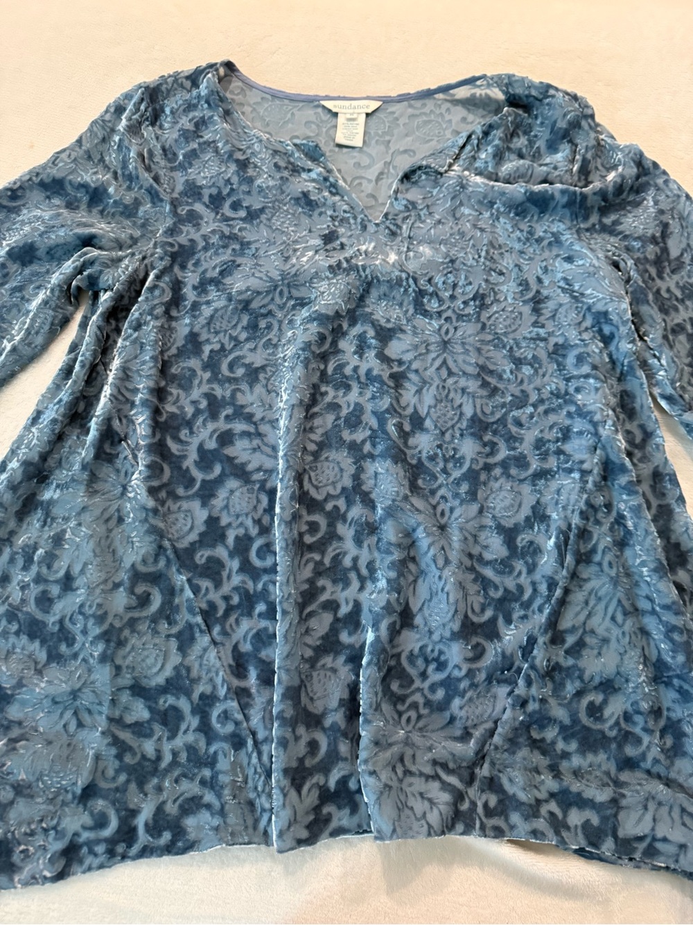 Sundance Regal Velvet Burnout Silk Tunic Blouse Floral Blue Fog M Boho Art D73